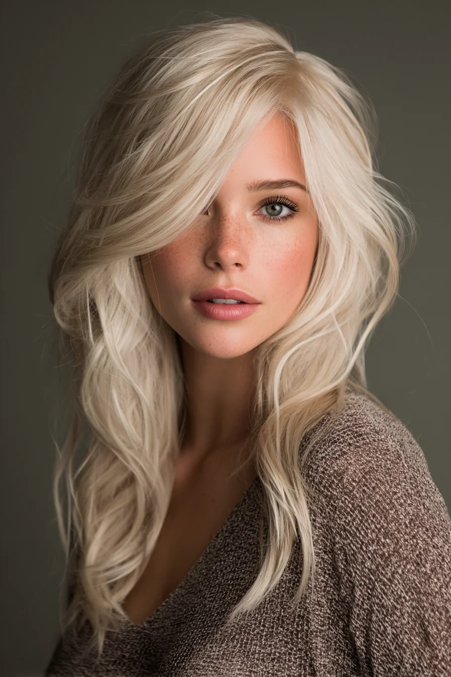 Long Layered Platinum Blonde with Face‑Framing Side‑Swept Bangs