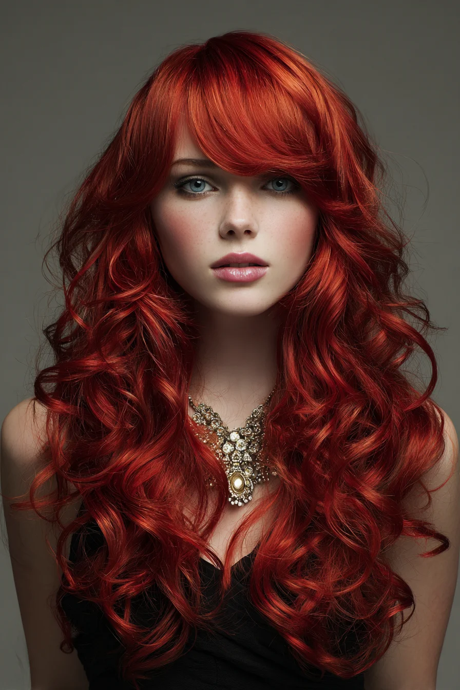 Long Layered Red Curls with Side‑Swept Bangs