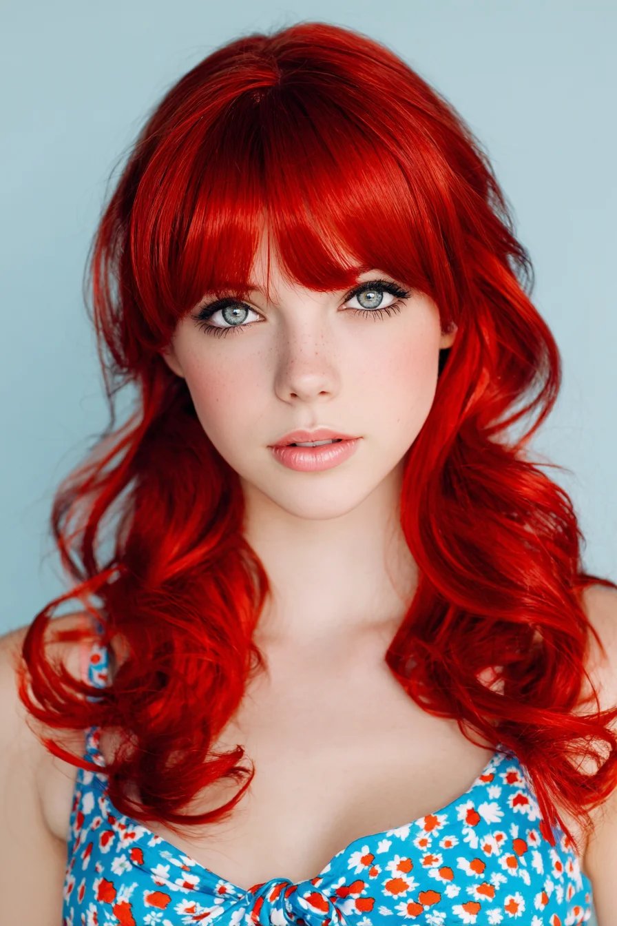 Long Layered Red Hair with Blunt Fringe and Soft Face-Framing Waves