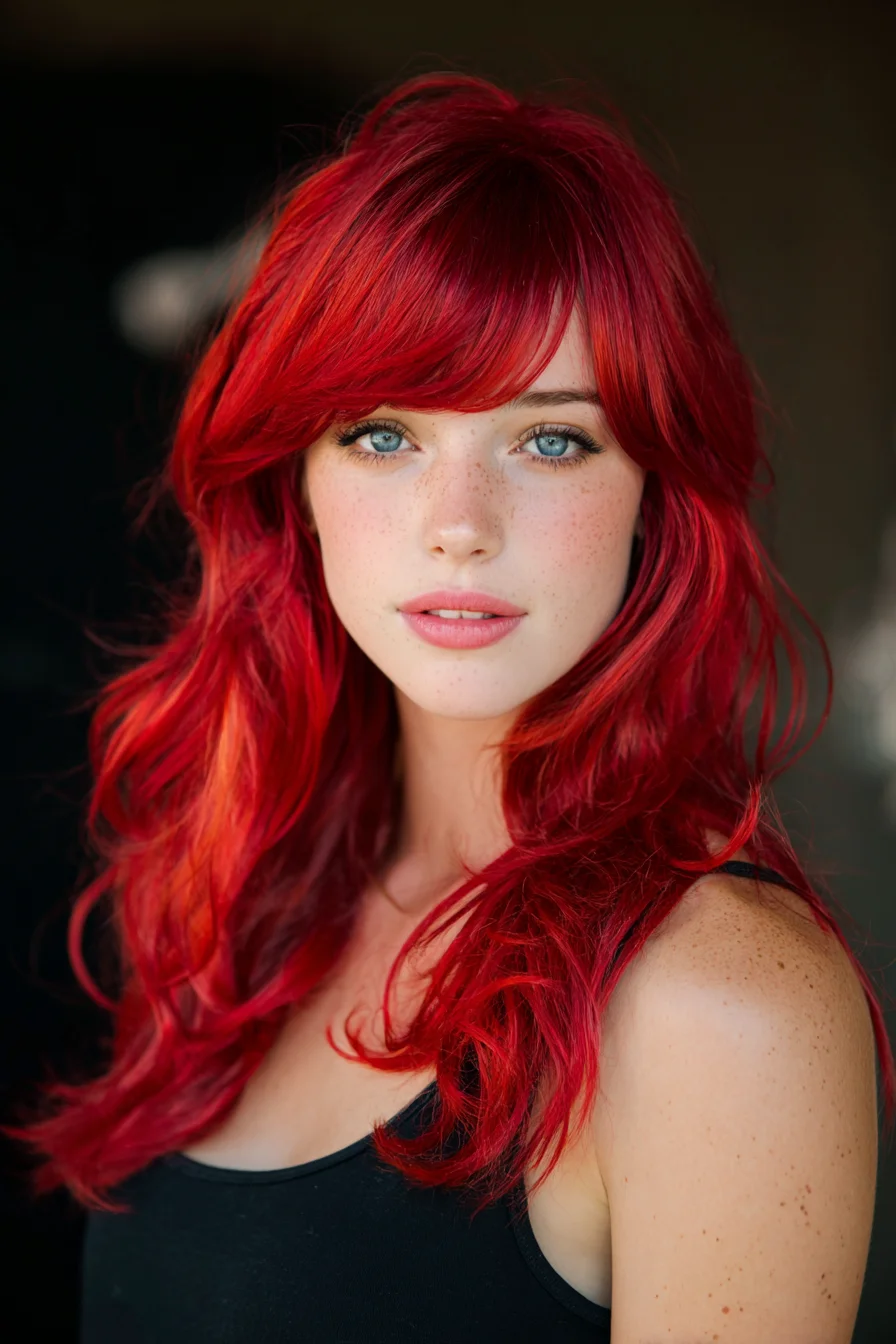Long Layered Red Hair with Curtain Bangs and Soft Waves