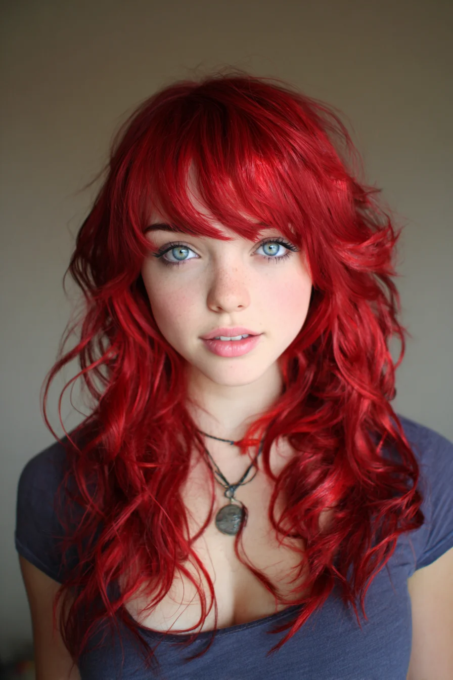 Long Layered Red Hair with Face‑Framing Bangs and Loose Waves