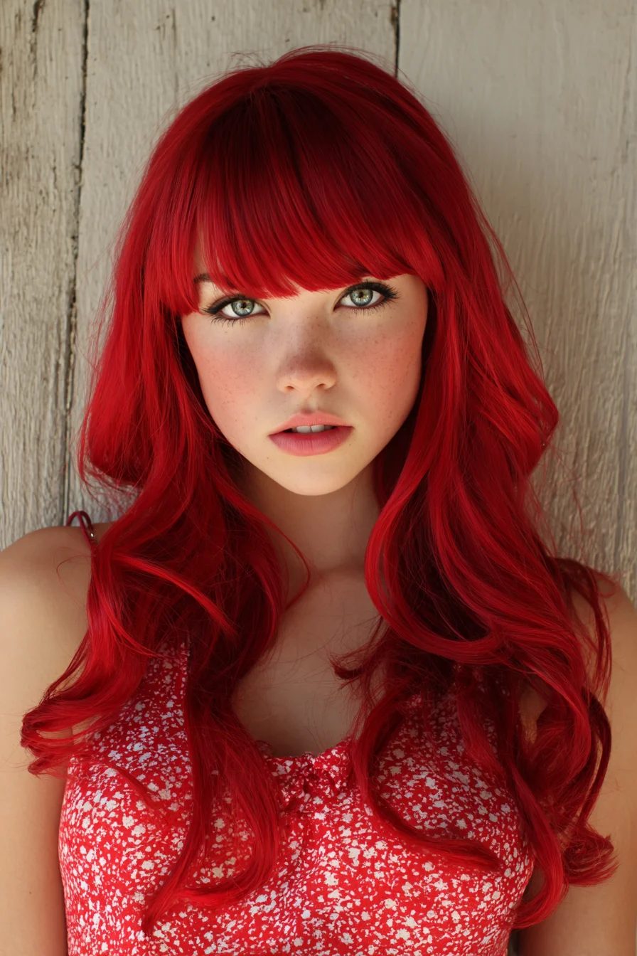 Long Layered Red Hair with Soft Curtain Bangs and Loose Waves