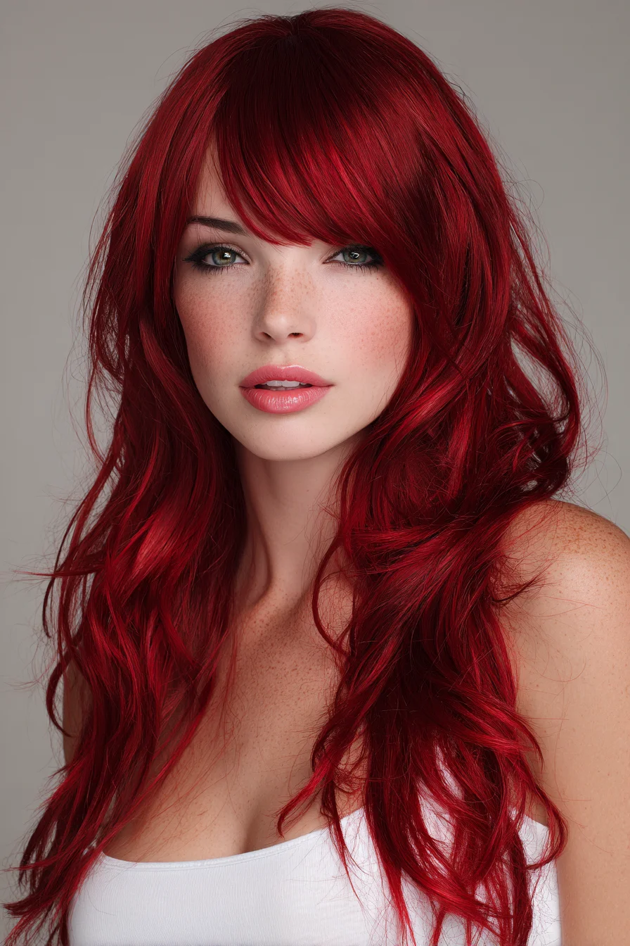 Long Layered Red Hair with Soft Waves and Side-Swept Bangs