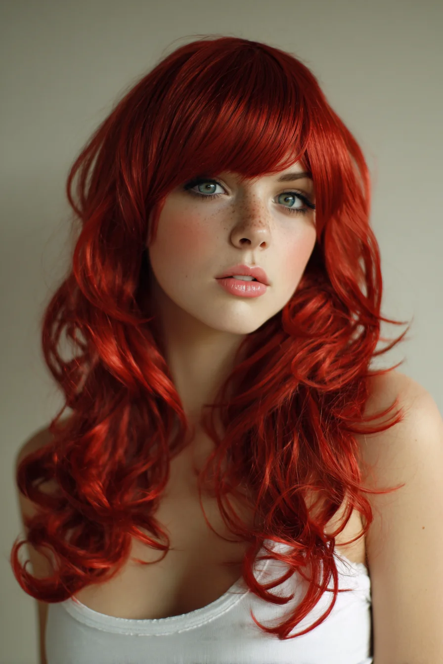 Long Layered Red Waves with Curtain Bangs
