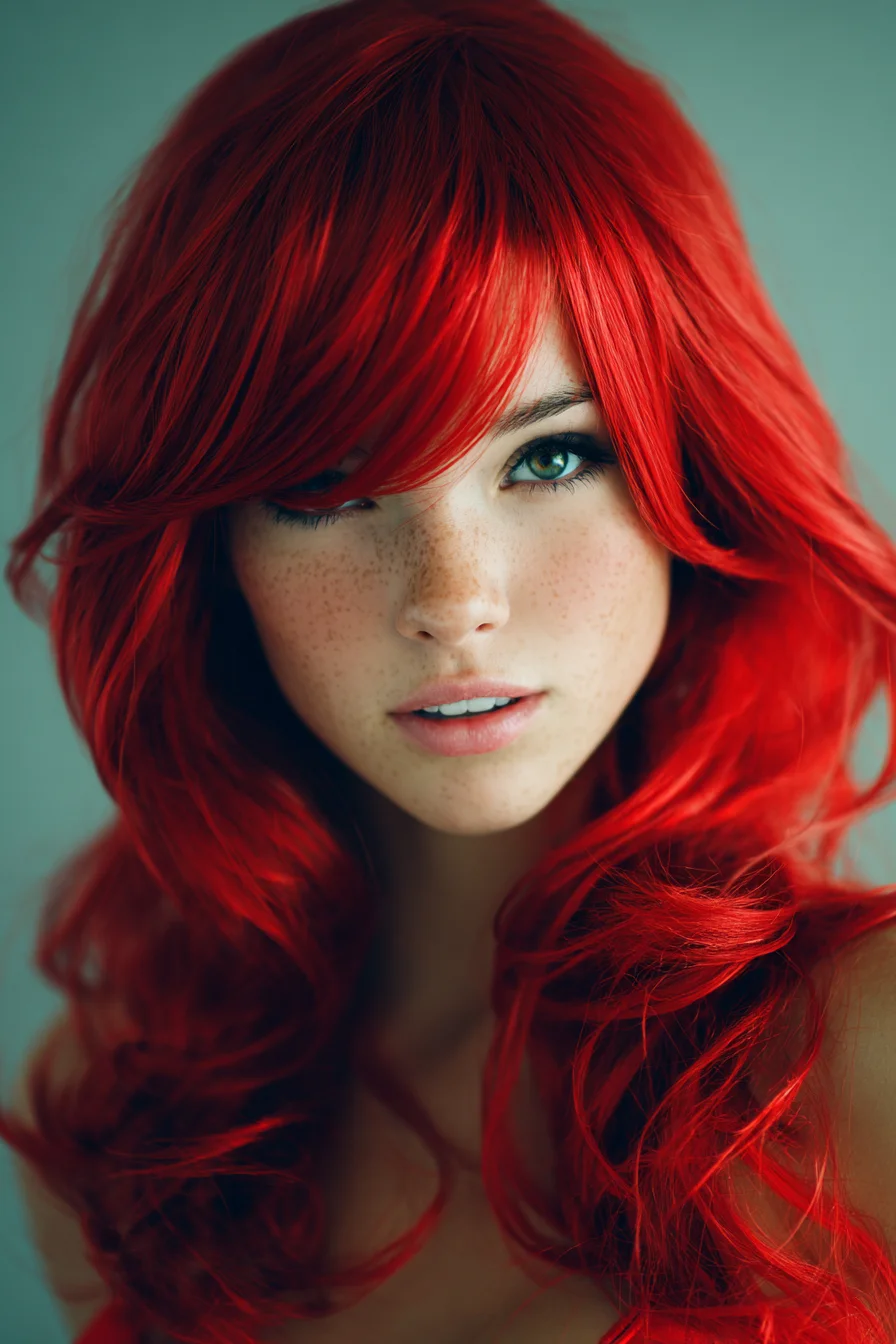 Long Layered Red Waves with Side-Swept Bangs — Soft Face‑Framing Layers