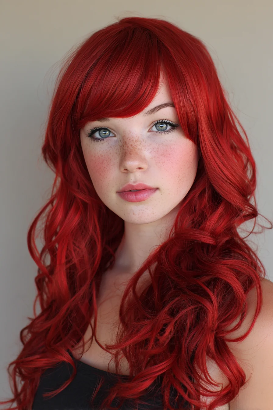 Long Layered Red Waves with Side-Swept Fringe