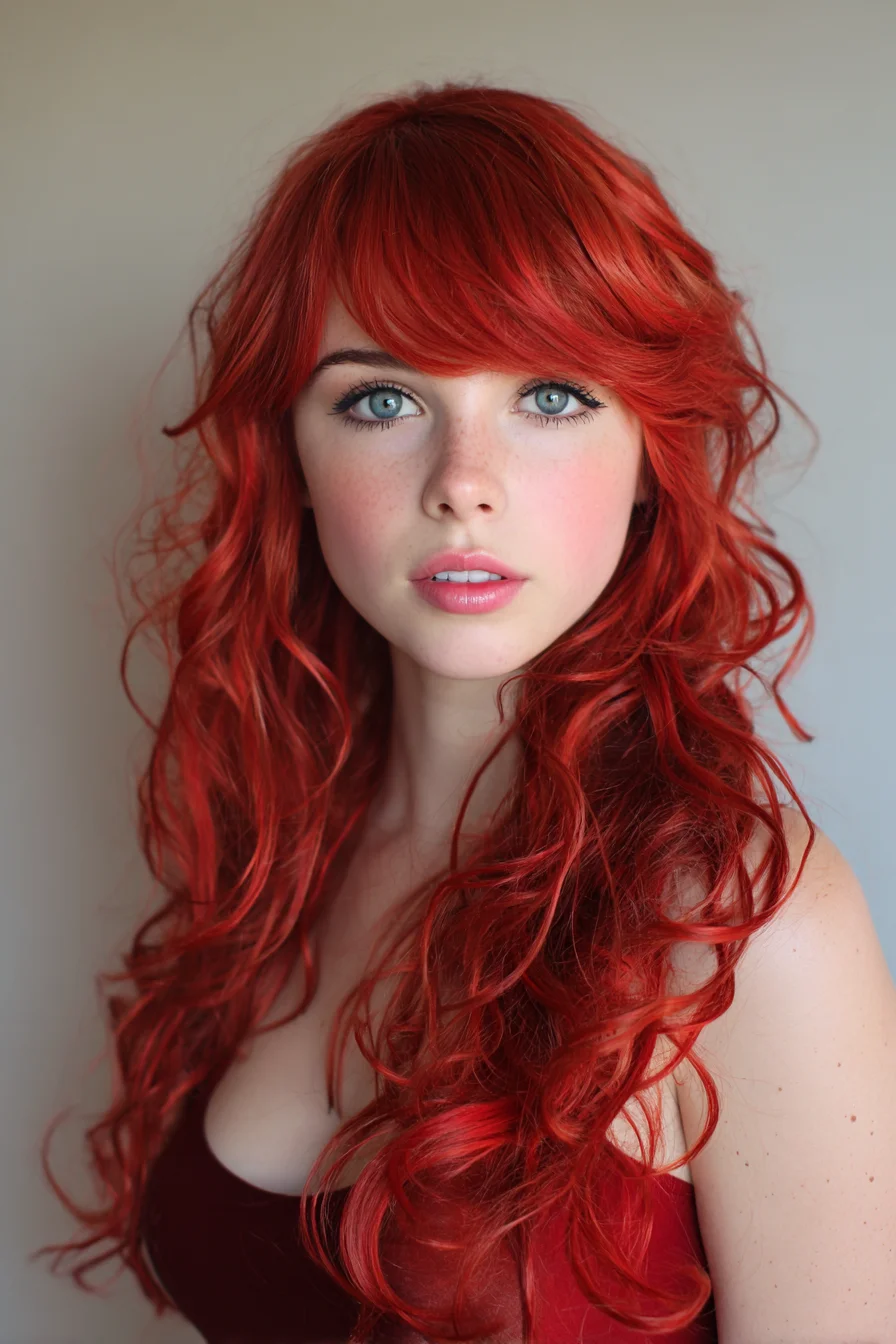 Long Layered Red Waves with Wispy Curtain Bangs