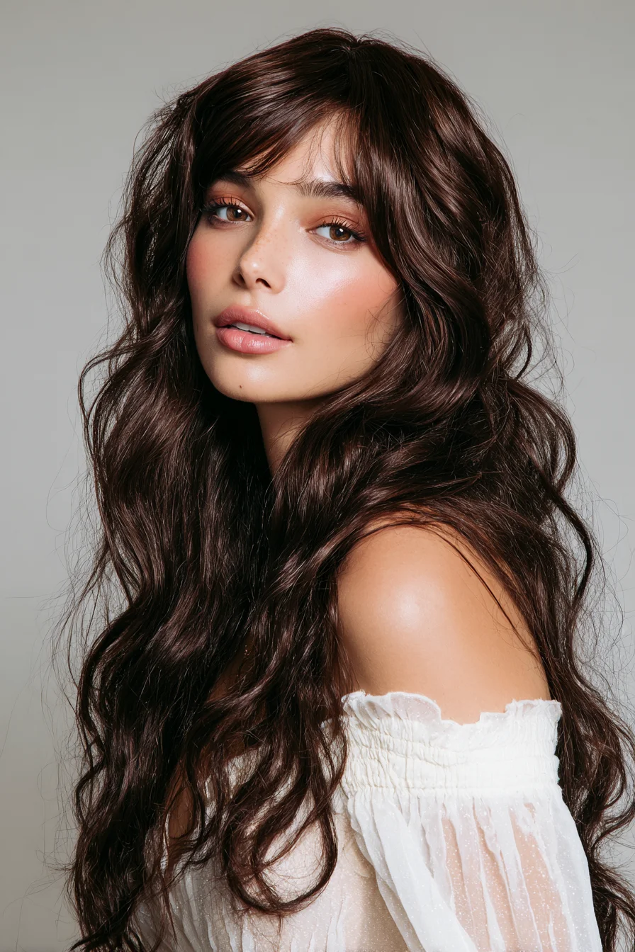 Long Layered Textured Waves with Curtain Bangs