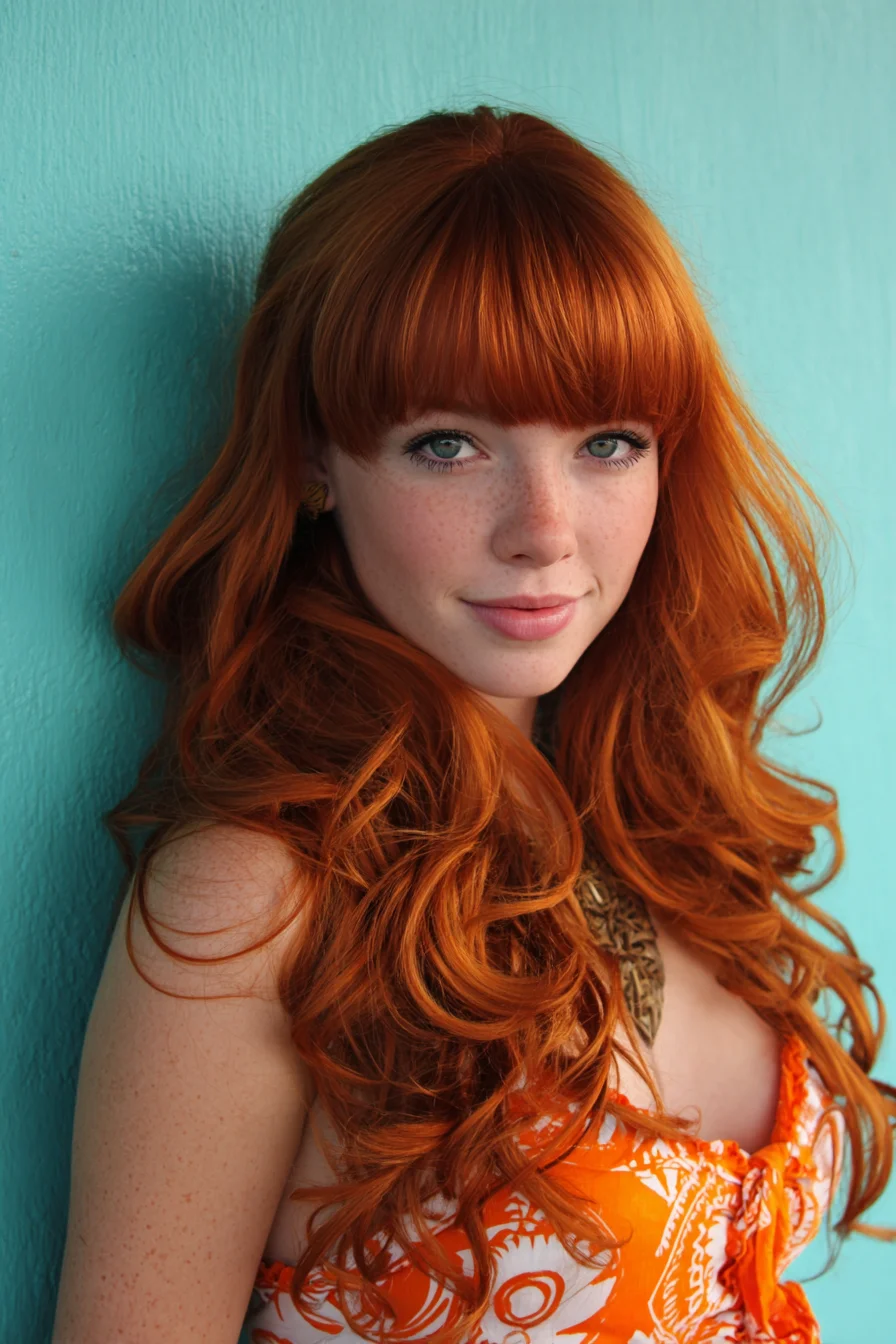 Long Layered Waves with Blunt Fringe — Styling for Red Hair