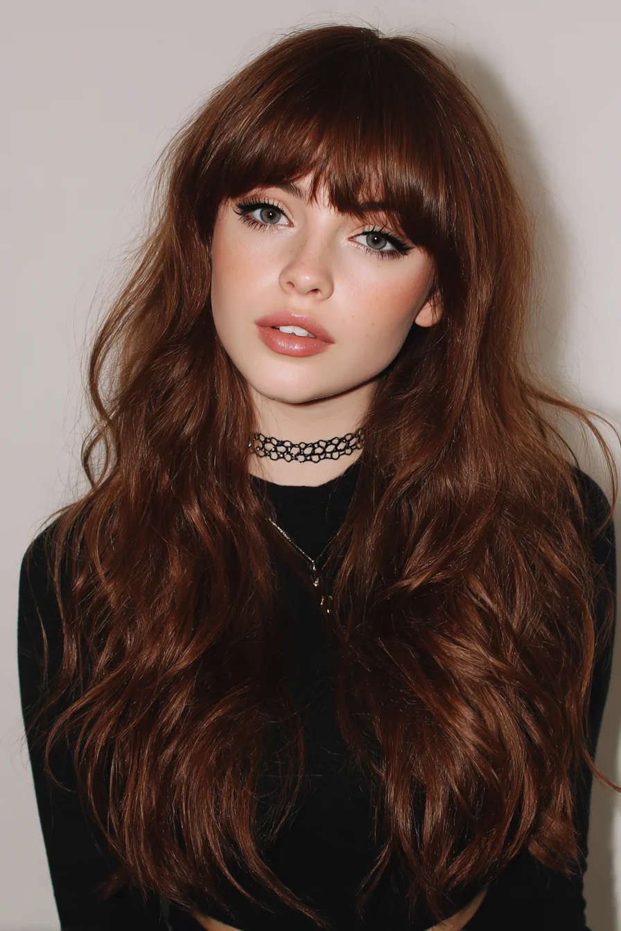 Long Layered Waves with Blunt Fringe — Textured Chestnut Hairstyle