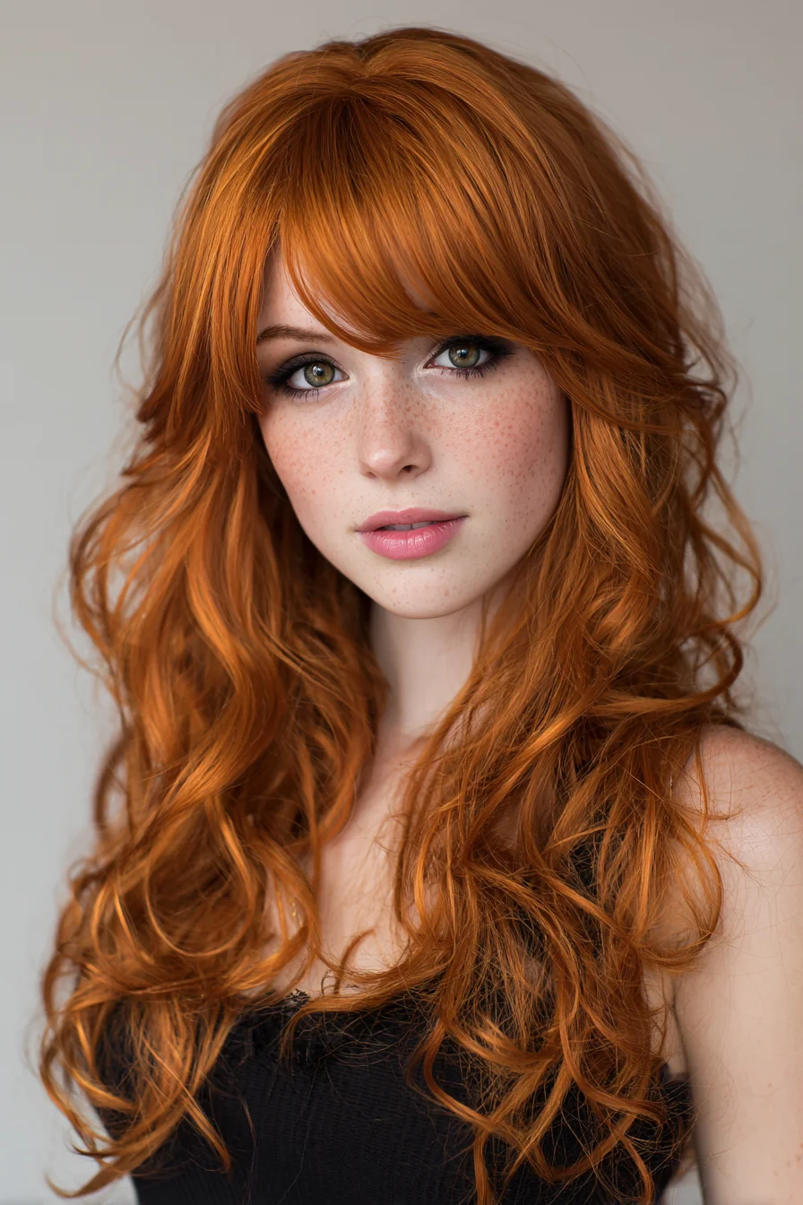 Long Layered Waves with Curtain Bangs — Textured Copper Look
