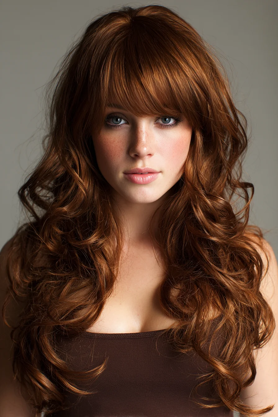 Long Layered Waves with Curtain Bangs — Voluminous Textured Red Hairstyle