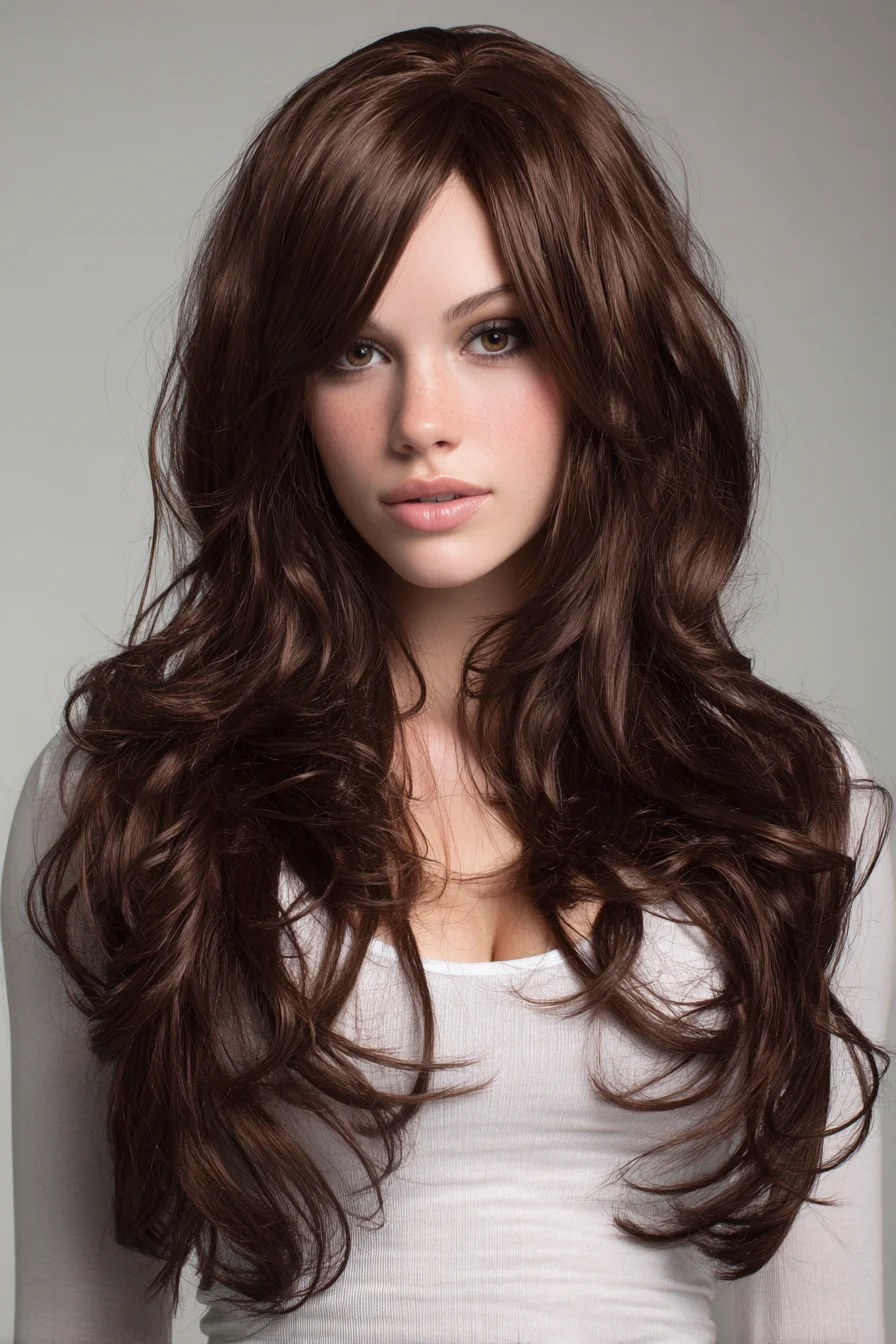 Long Layered Waves with Face‑Framing Layers and Soft Curtain Bangs