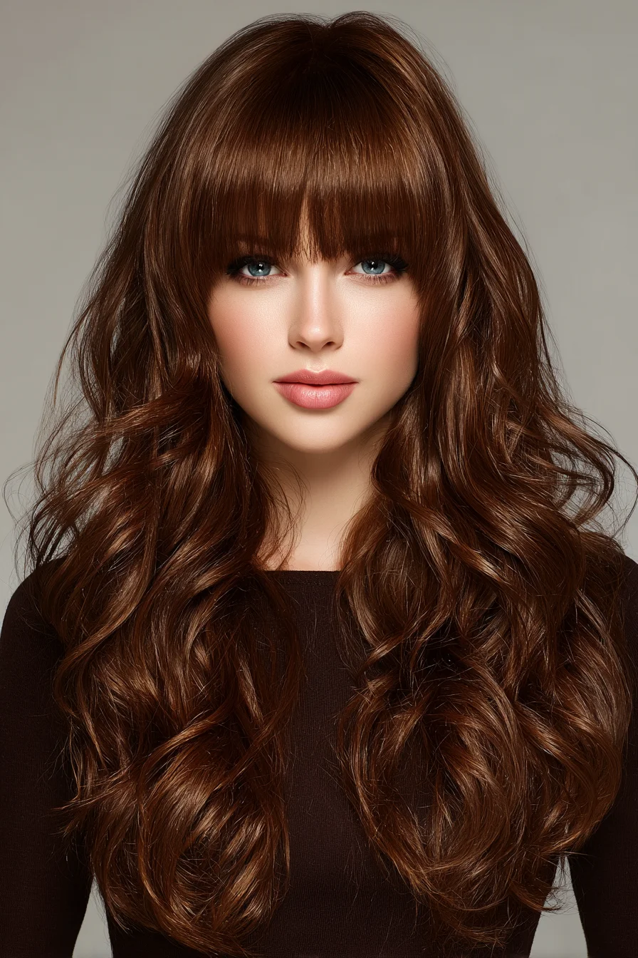 Long Layered Waves with Full Blunt Bangs — Textured Chestnut Style