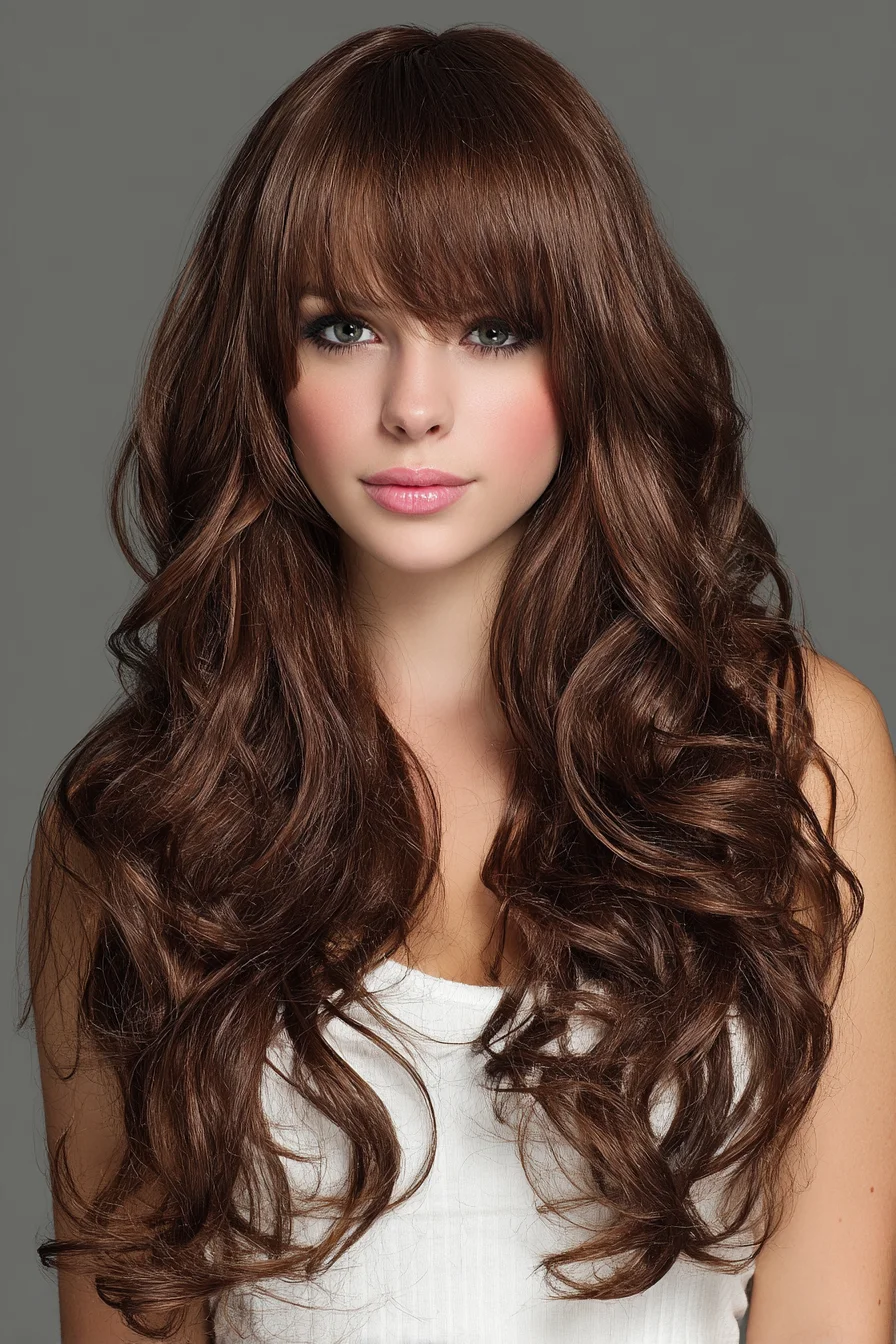 Long Layered Waves with Full Blunt Bangs