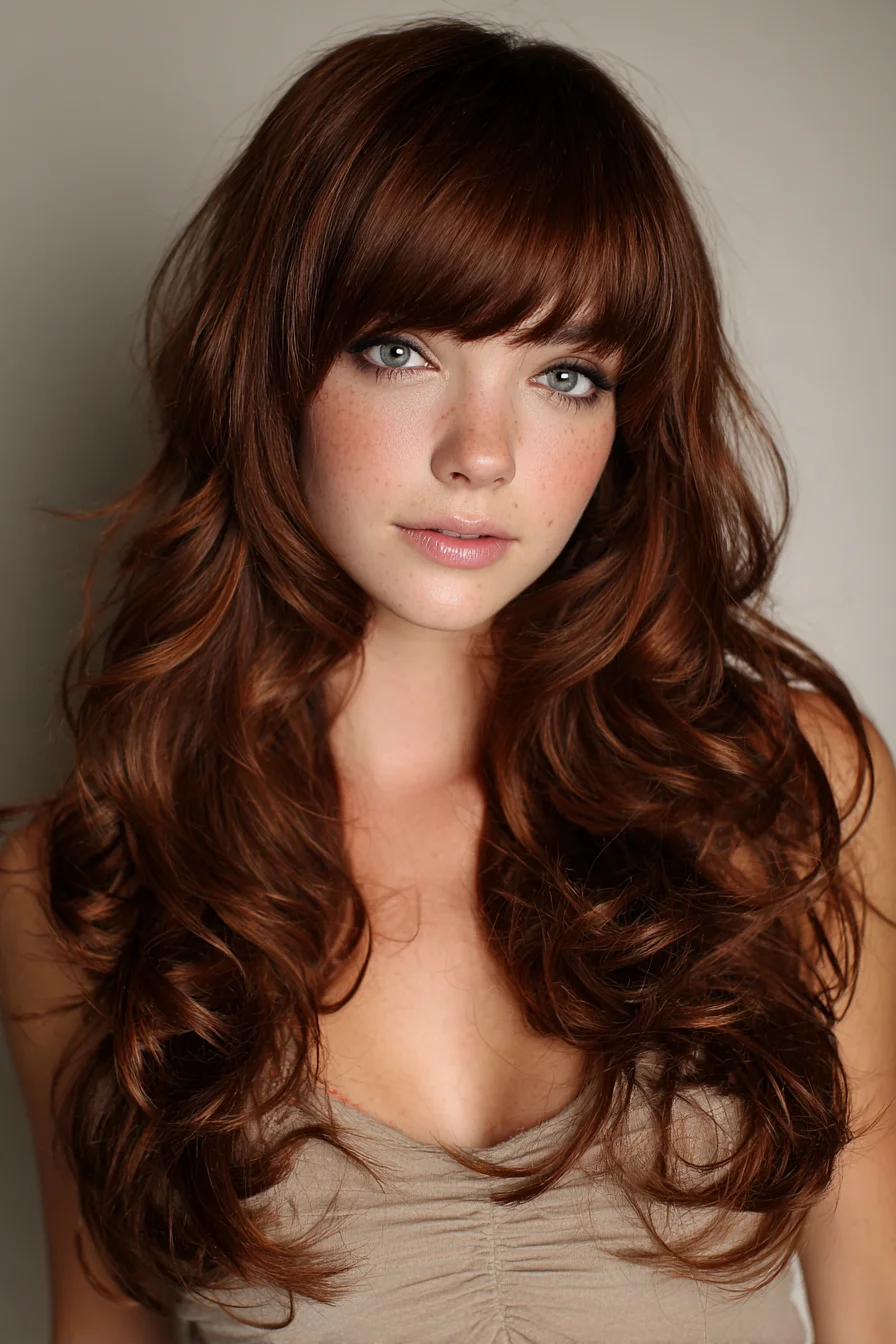 Long Layered Waves with Full Blunt Fringe — Chestnut Volume and Movement