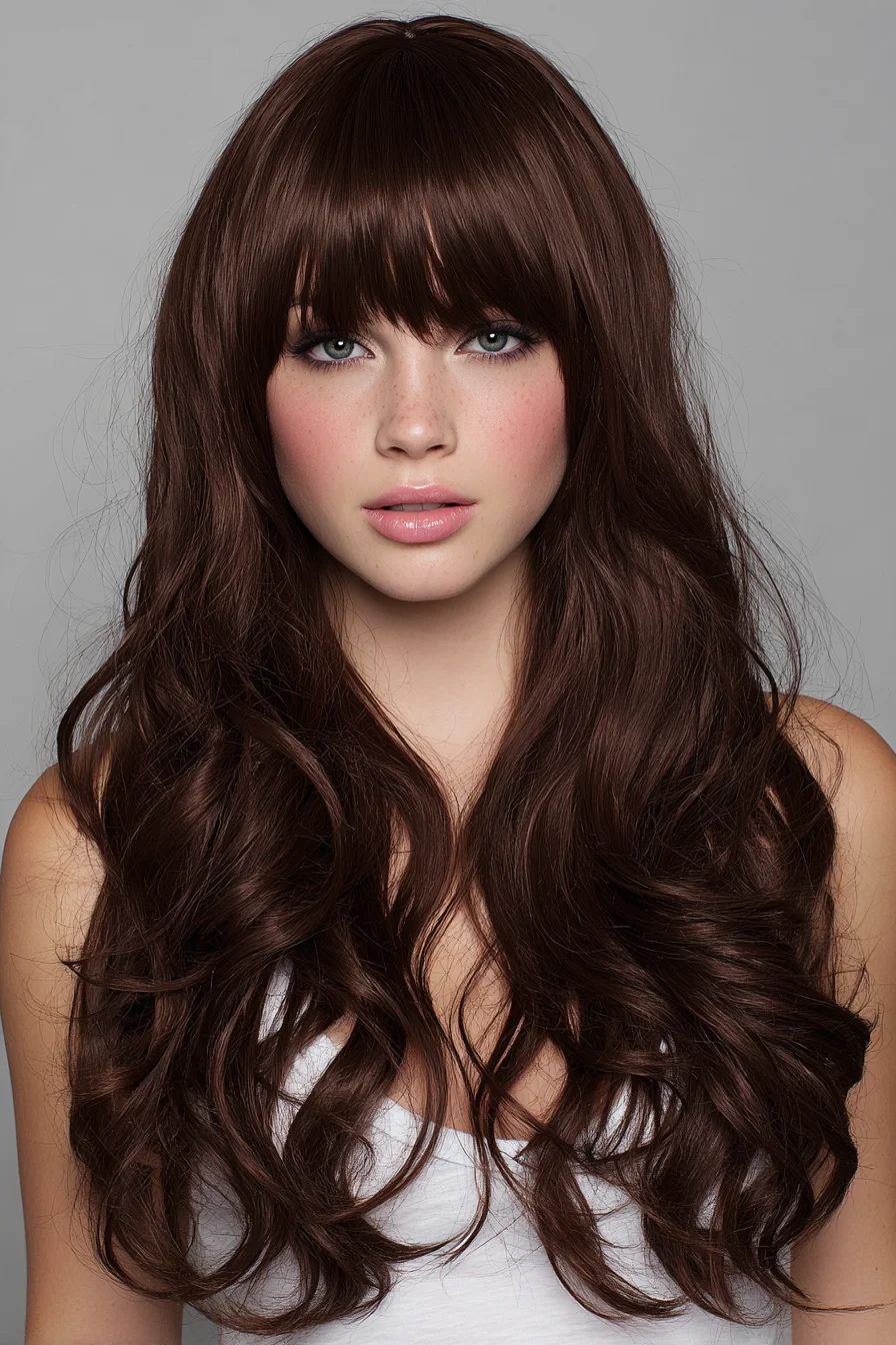 Long Layered Waves with Full Blunt Fringe (Heavy Bangs)