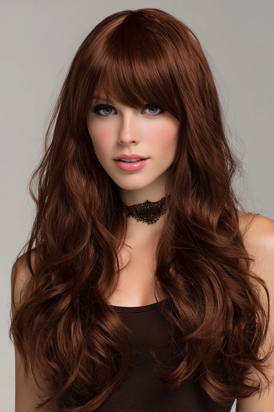Long Layered Waves with Full Fringe — Chestnut Soft Bangs
