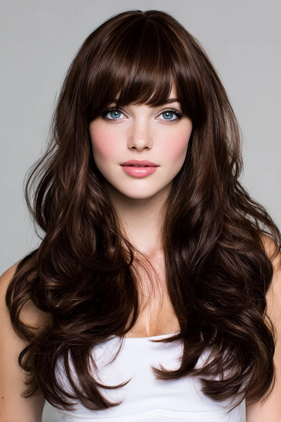 Long Layered Waves with Full Fringe — Voluminous Chocolate Brown Look