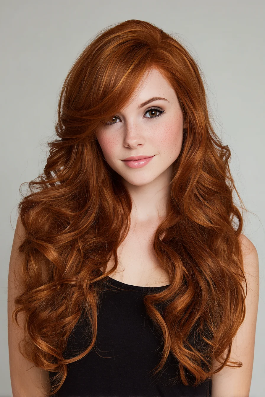 Long Layered Waves with Side‑Swept Bangs — Voluminous Copper Styling