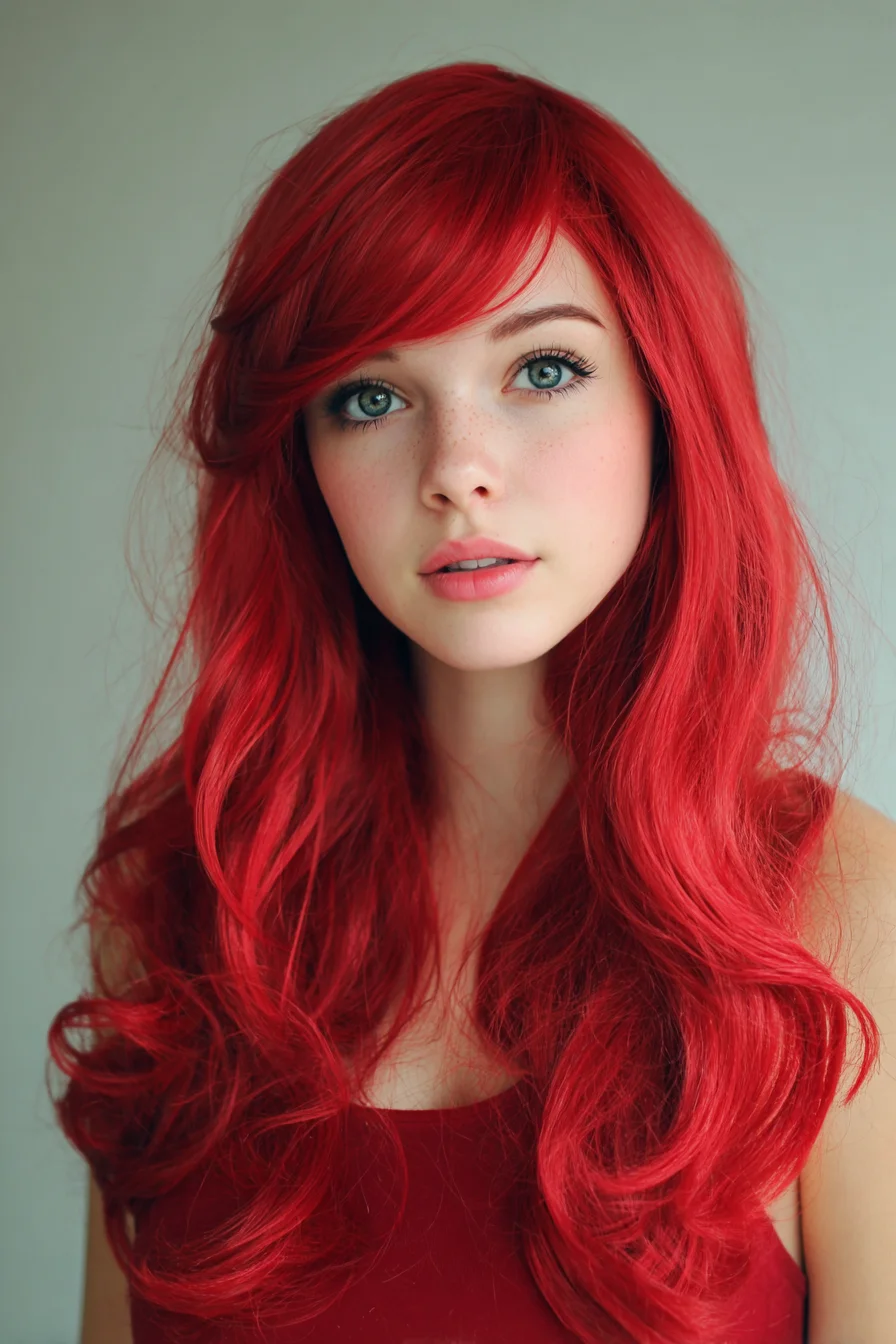 Long Layered Waves with Side‑Swept Fringe — Vibrant Red Finish