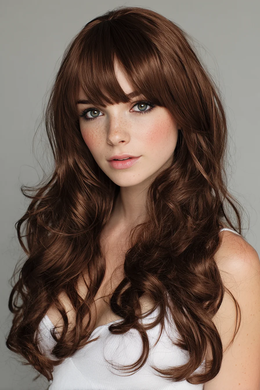 Long Layered Waves with Soft Curtain Bangs — Brunette Volume & Texture