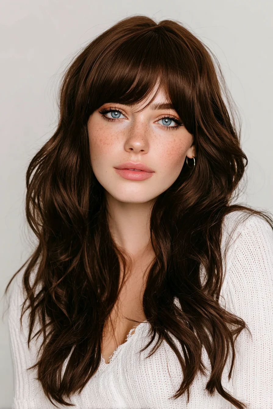 Long Layered Waves with Wispy Curtain Bangs - Soft Brunette Style