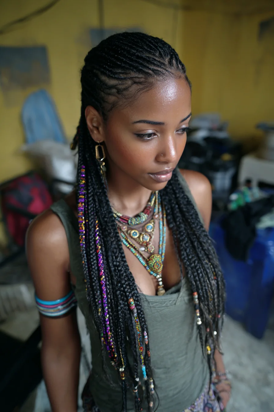 Long Micro Box Braids with Beads and Thread-Wrap Accents