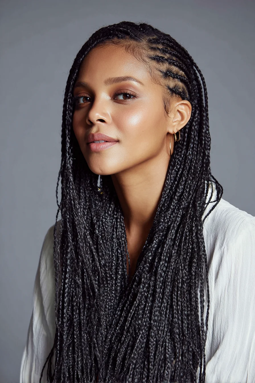 Long Micro Box Braids with Feed-In Cornrow Accents