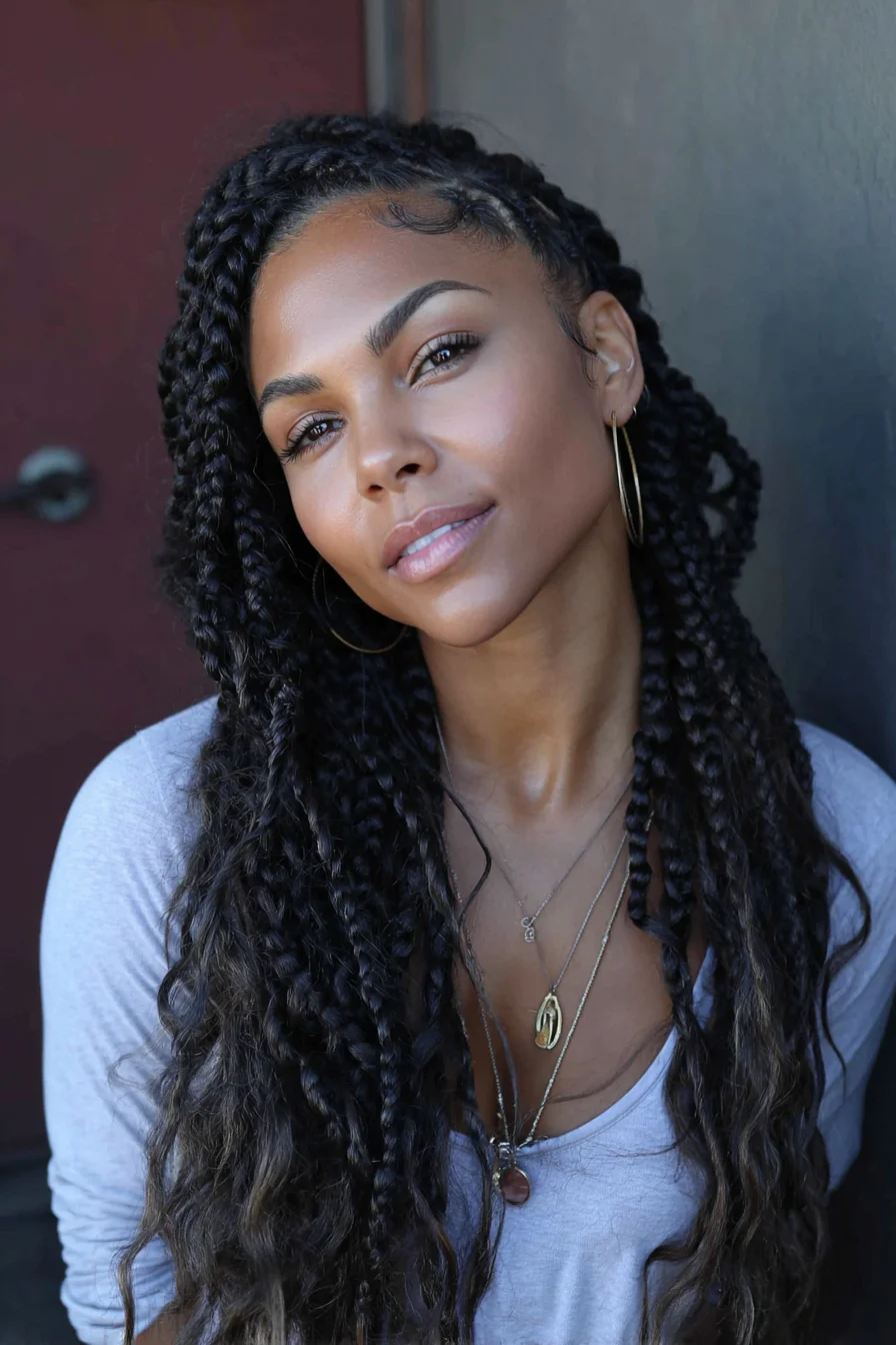 Long Mixed-Texture Box Braids with Loose Beachy Ends
