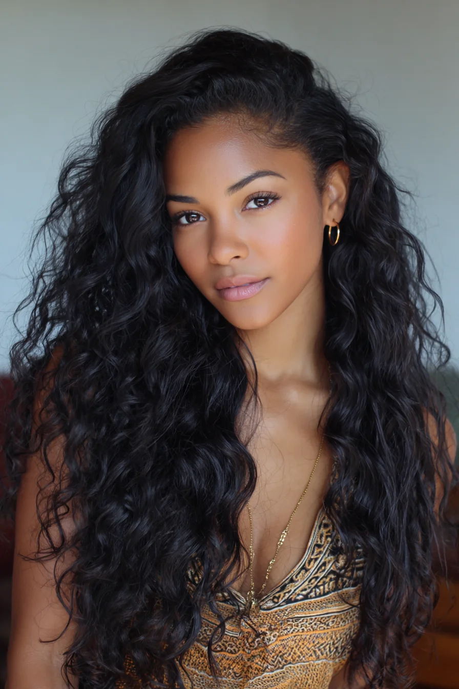 Long Natural Curly Hair with Voluminous Waves and Face‑Framing Layers