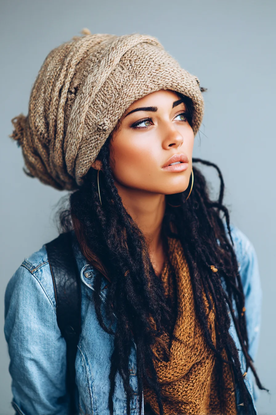 Long Natural Dreadlocks with Knit Turban — Textured Boho Dread Styling