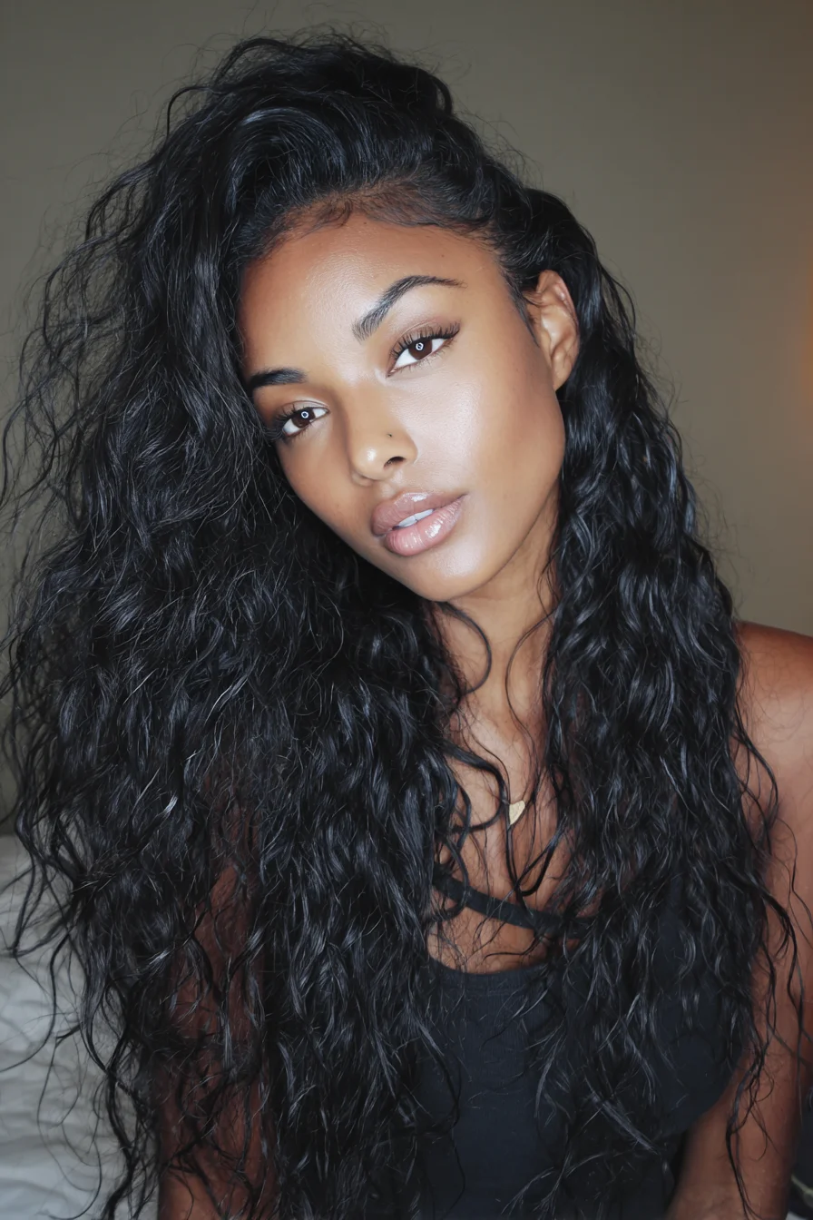 Long Natural Wet‑Look Waves | Defined Curly Texture with Side‑Swept Volume