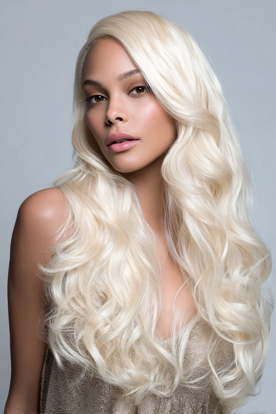 Long Platinum Blonde Hollywood Waves with Deep Side Part