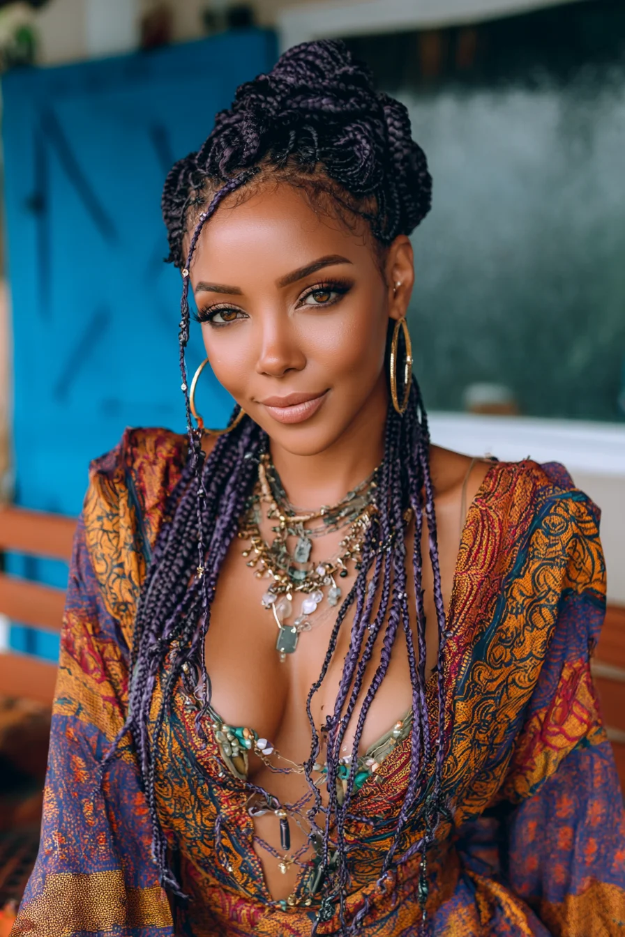 Long Purple Box Braids Half‑Up High Bun with Face‑Framing Micro Braids