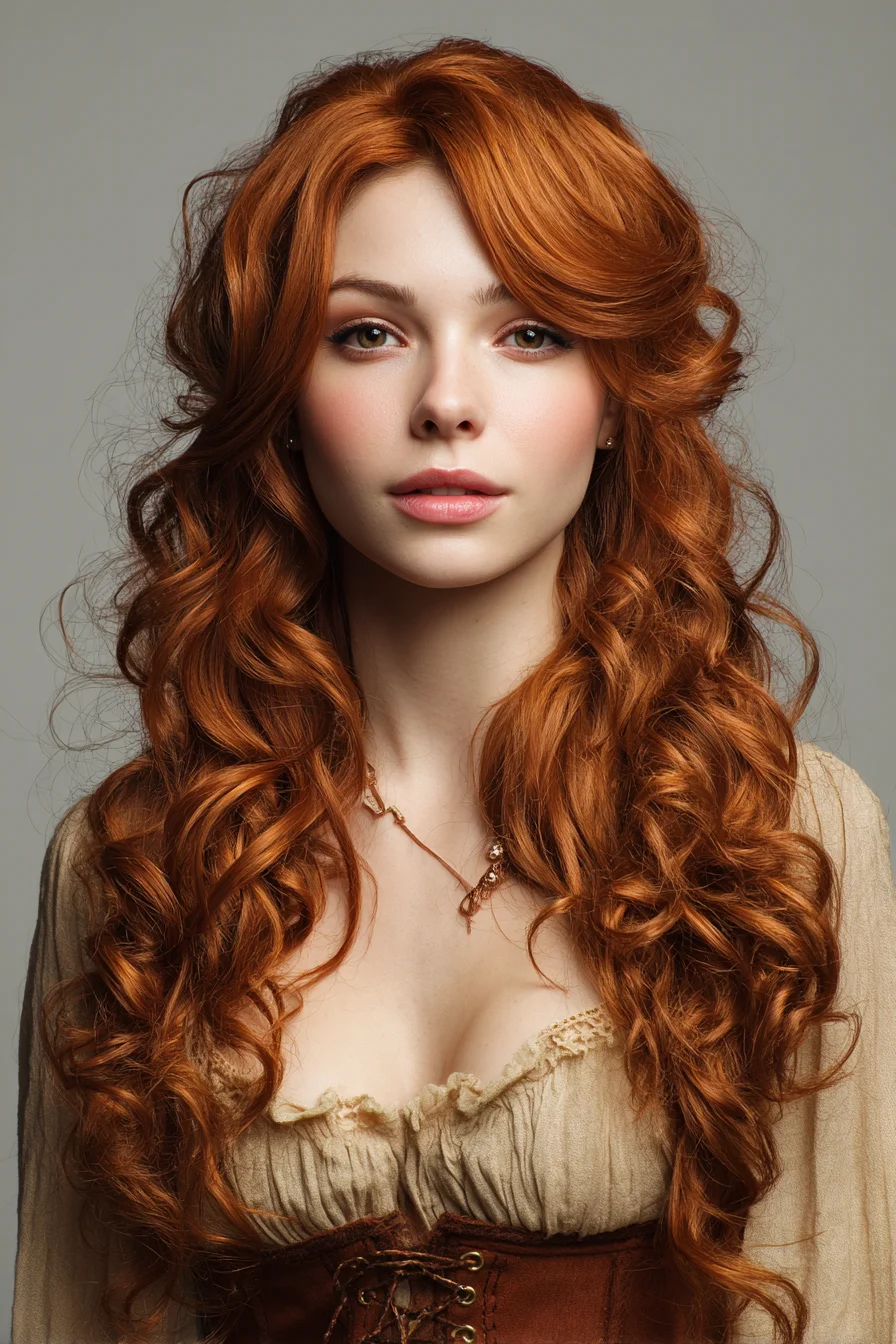 Long Red Voluminous Romantic Curls with Face‑Framing Layers