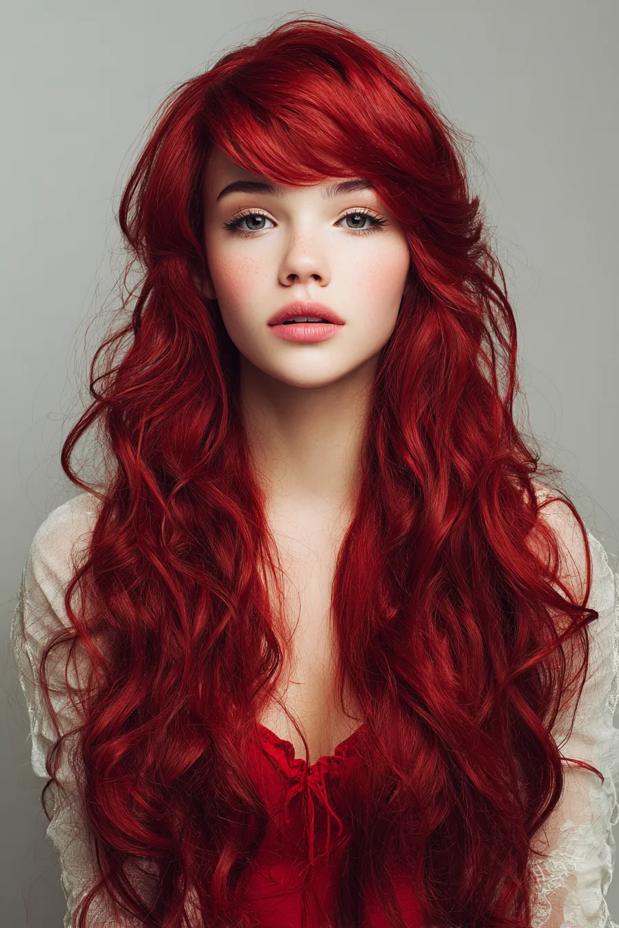 Long Red Wavy Layers with Side-Swept Bangs
