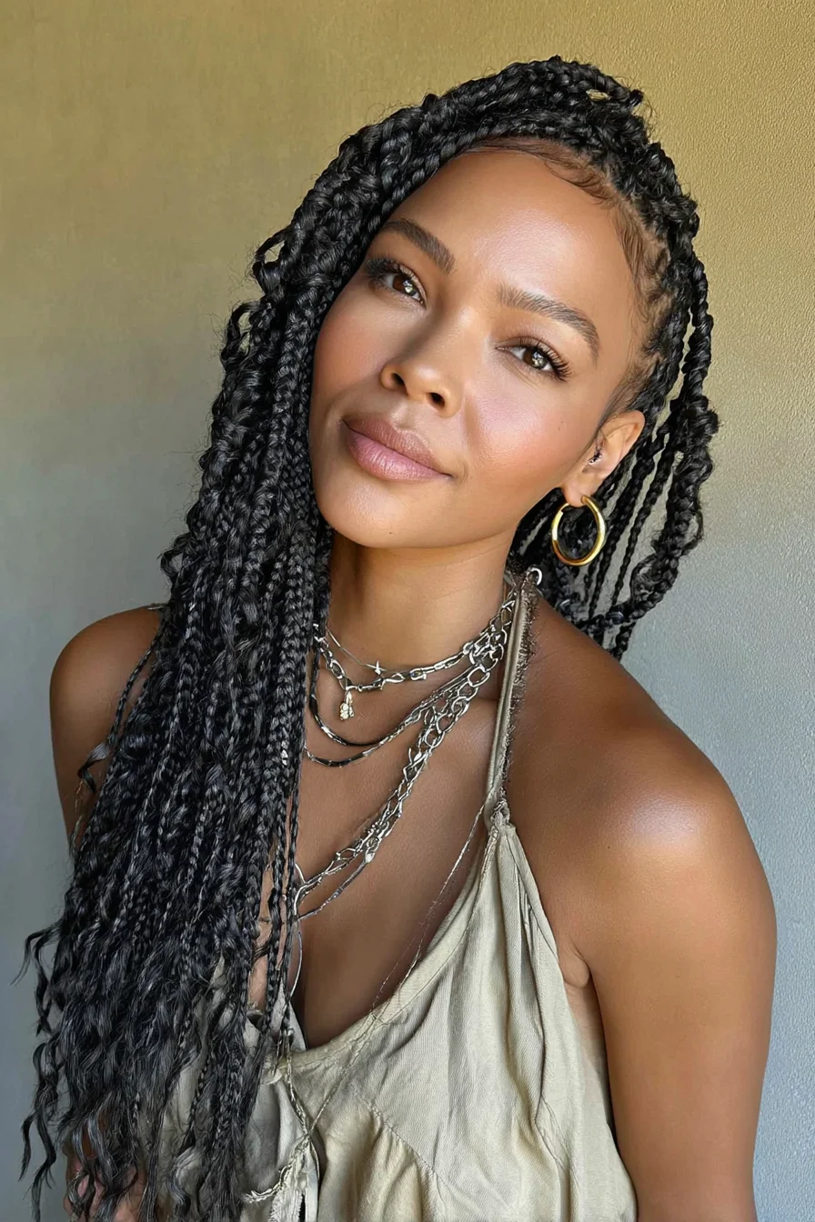 Long Side-Swept Box Braids with Curled Ends and Laid Baby Hairs