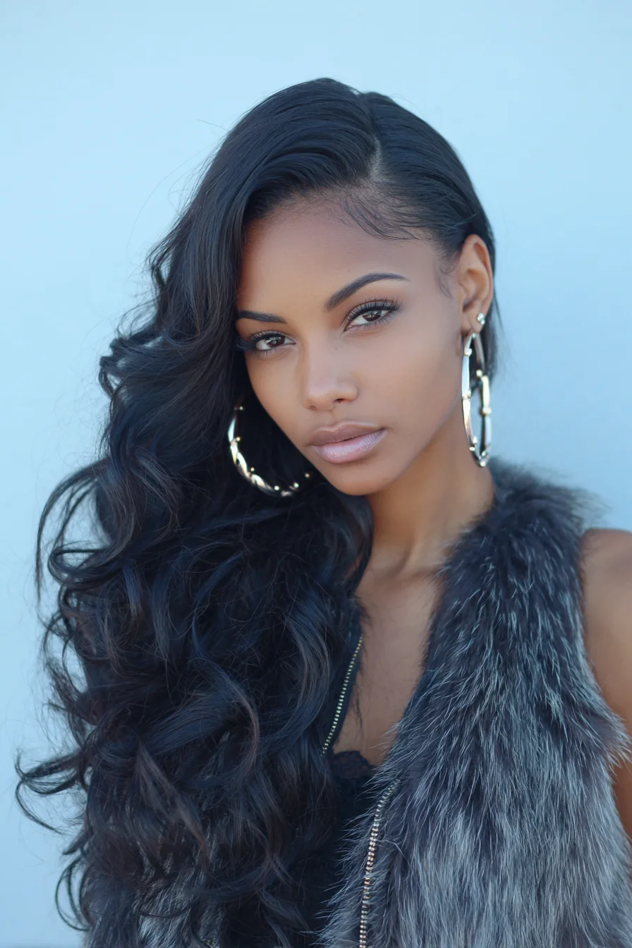 Long Side-Swept Voluminous Waves for Natural and Extension Hair