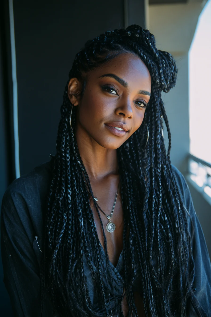 Long Thin Box Braids with Half Top-Knot — Protective Braided Style