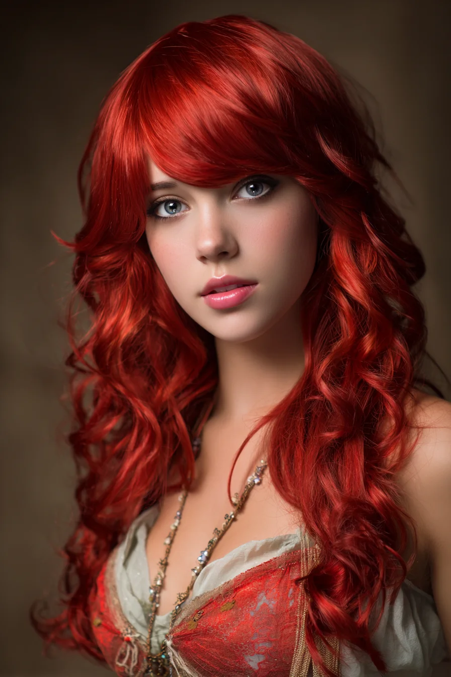 Long Vibrant Red Layered Curls with Side‑Swept Fringe