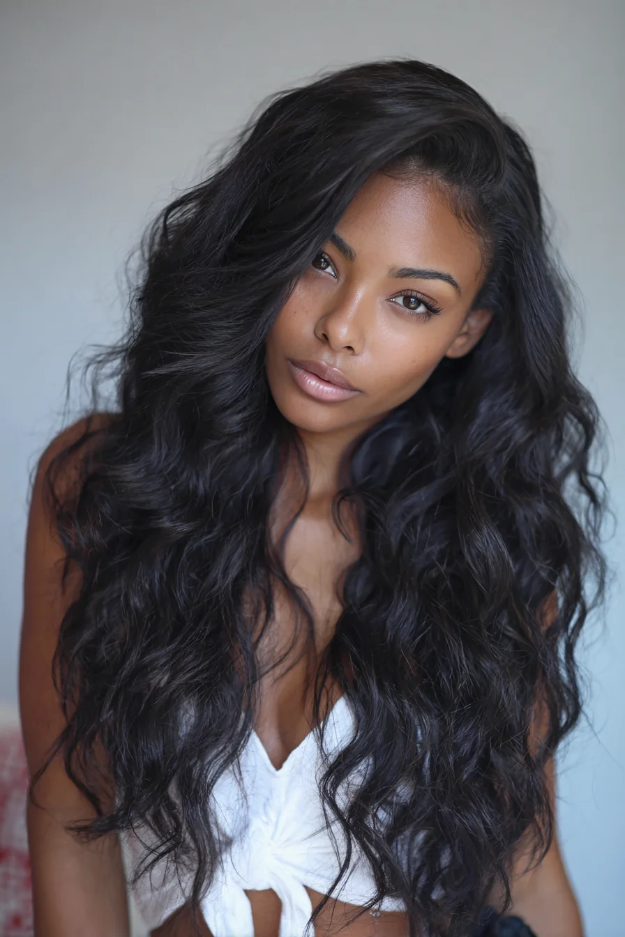 Long Voluminous Beach Waves with Deep Side Part and Textured Layers