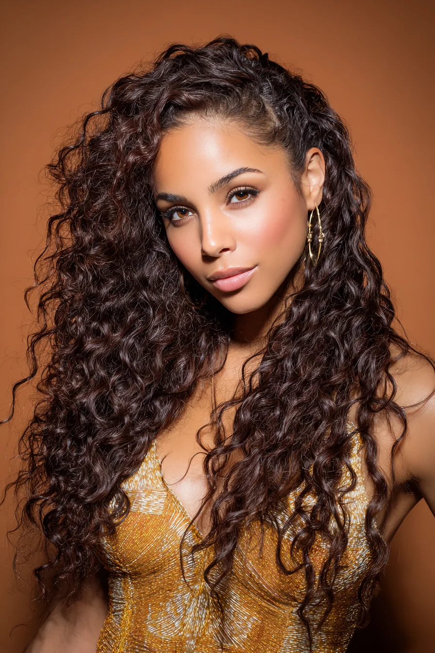 Long Voluminous Curly Hair with One-Sided Cornrow Accent