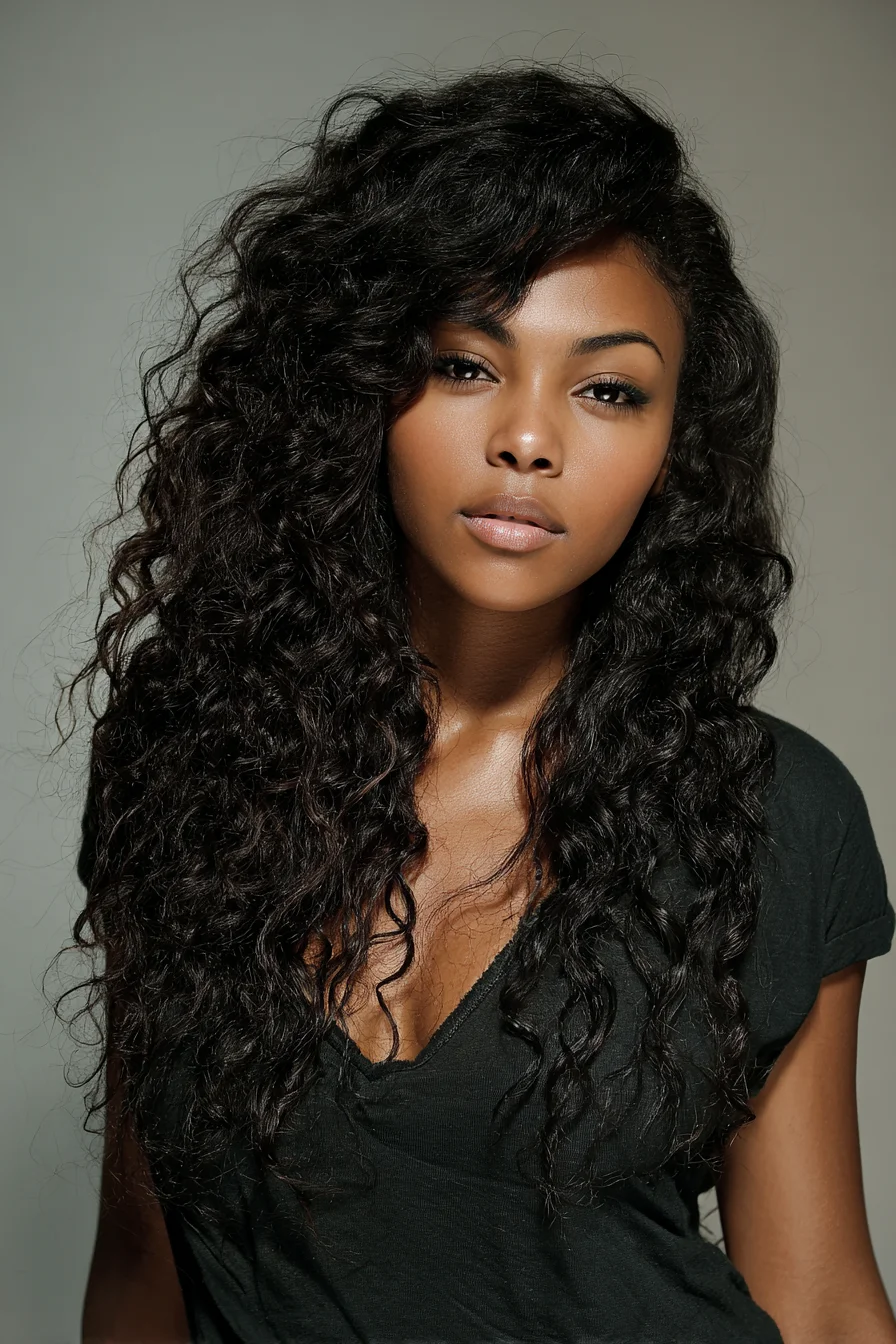 Long Voluminous Curly Hair with Side-Swept Volume