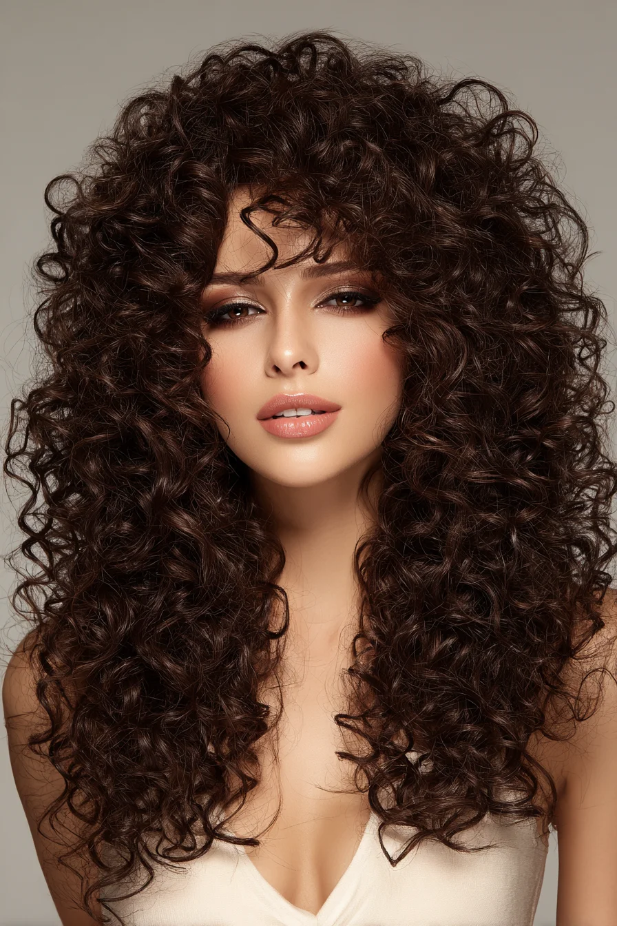 Long Voluminous Layered Curls with Curly Fringe