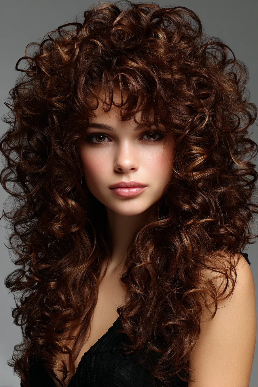 Long Voluminous Layered Curls with Soft Curly Fringe