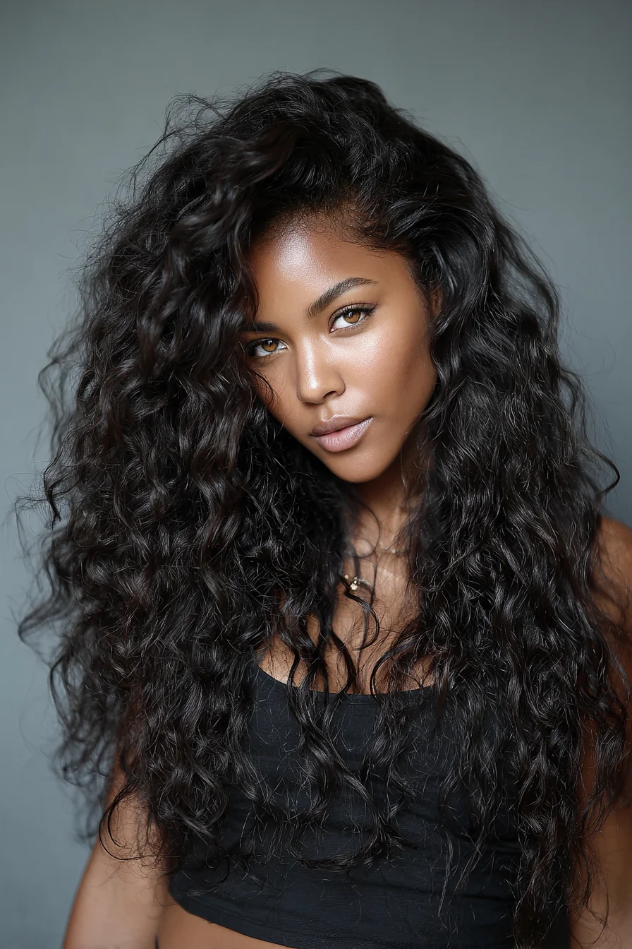 Long Voluminous Natural Curls with Deep Side Part — Defined Texture