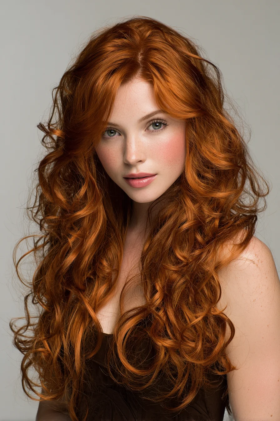 Long Voluminous Red Layered Curls with Face‑Framing Layers