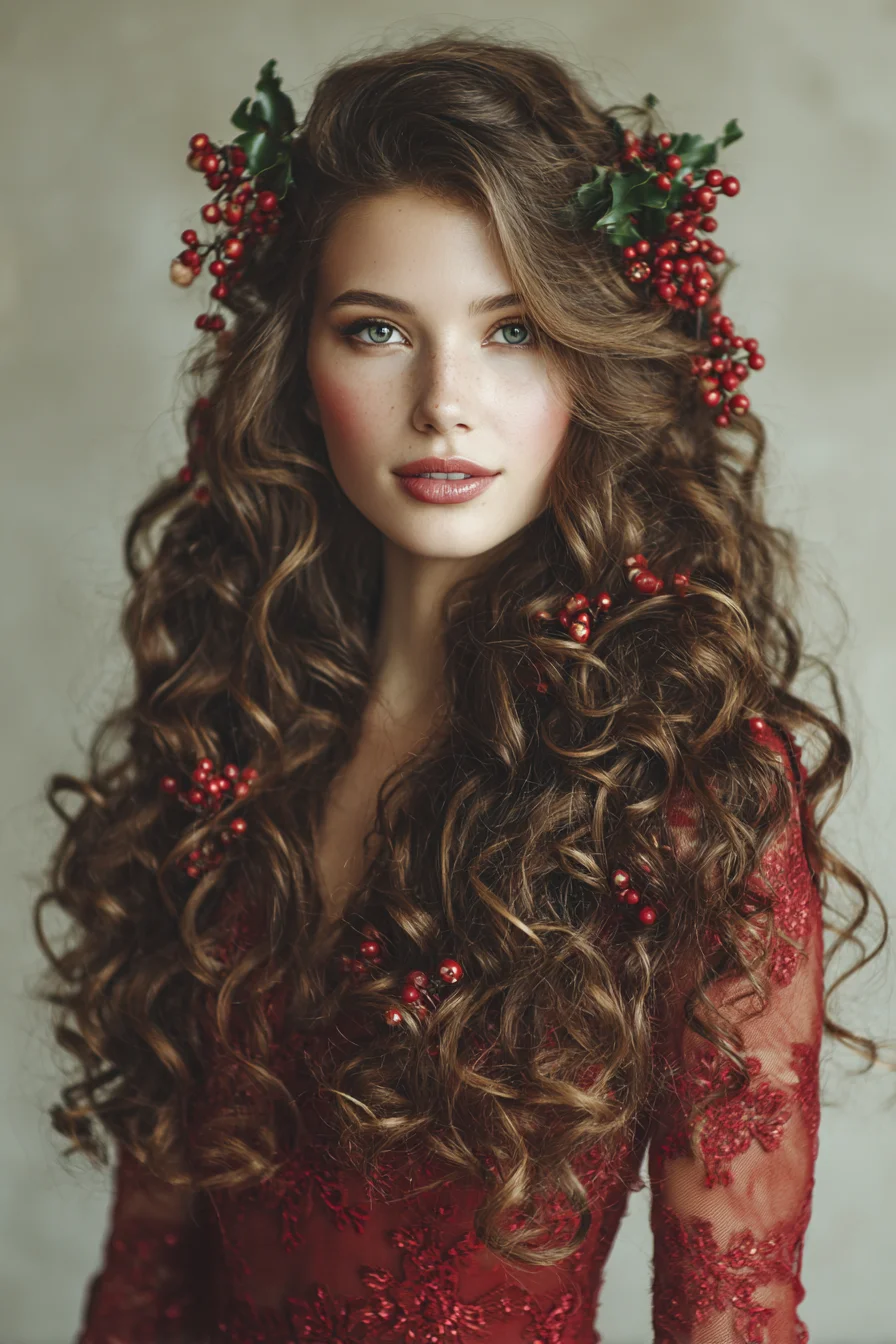 Long Voluminous Romantic Curls with Berry Accessories