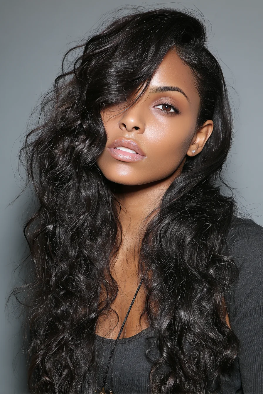 Long Voluminous Side‑Parted Waves — Ideal for Wavy to Curly Hair